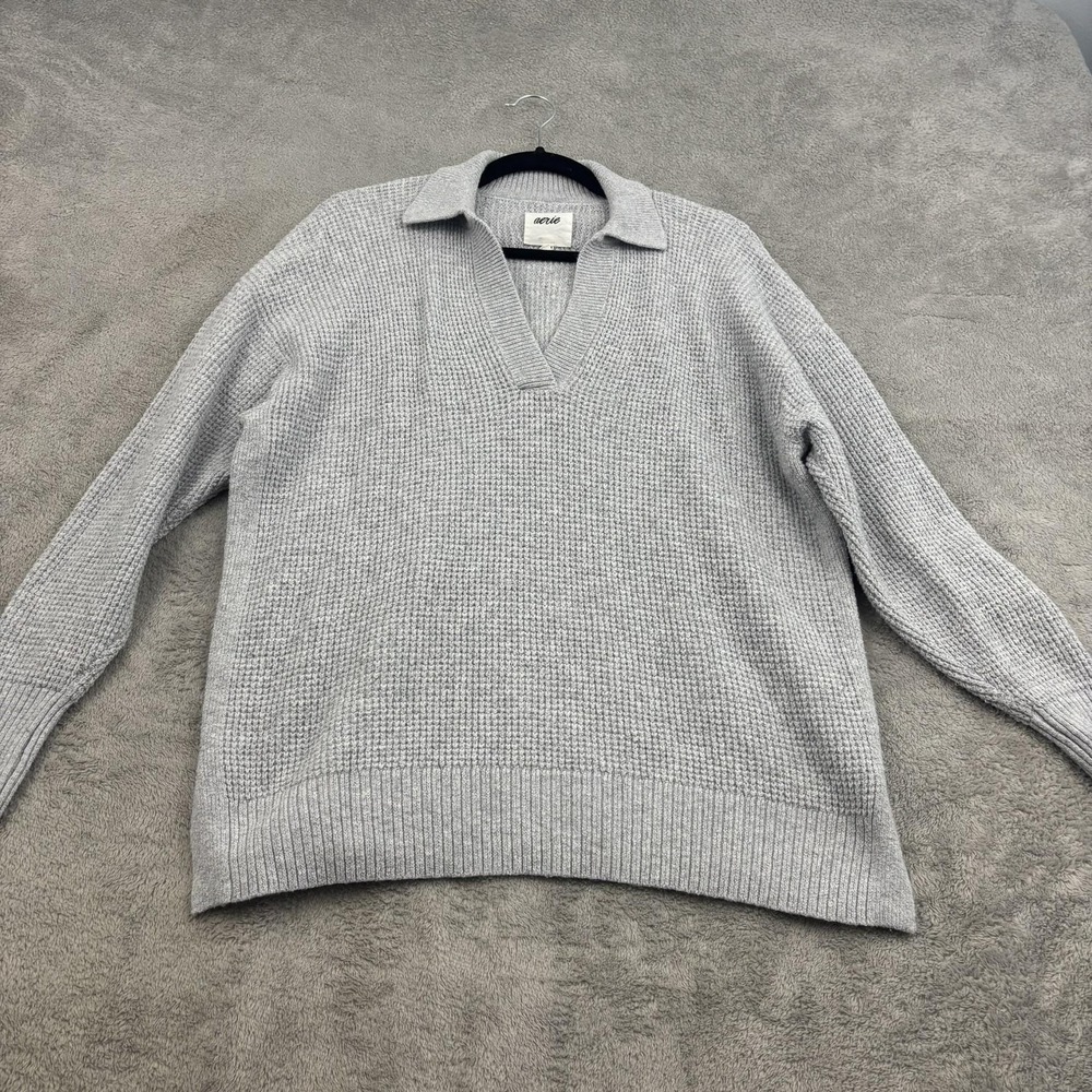 Aerie CozyUp Waffle Knit Polo Sweater‎ Womens XS Gray Relaxed Lagenlook Beachy